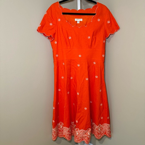 Women’s Coldwater Creek Orange White Linen Dress Embroidery Size 12 Scalloped - Picture 1 of 6